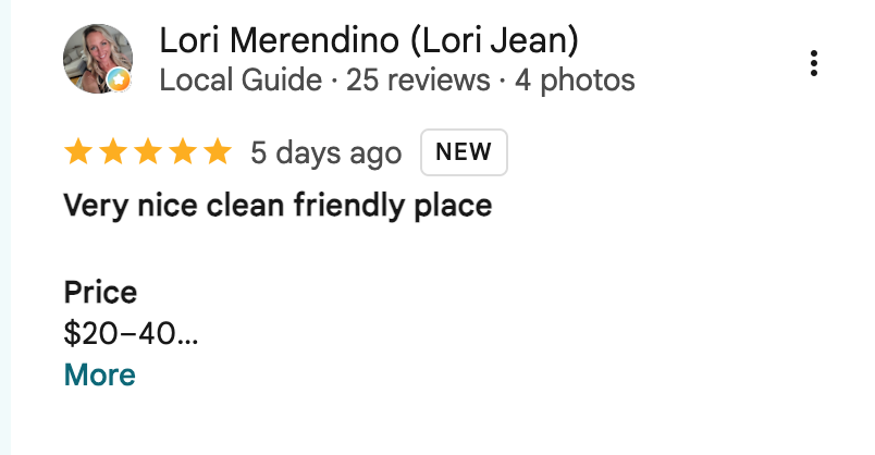 Original Google Maps review by Lori M.: Very nice clean friendly place